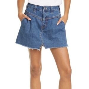 Free People‎ We The Free Side Car Denim Mini Skirt Blue Raw Hem Pleated Size 28
